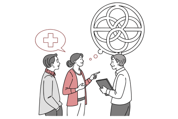 CPAs and healthcare executives discussing ENT medical practice mergers and acquisitions at SovDoc roundtable, analyzing complex M&A structures represented by abstract geometric symbols.