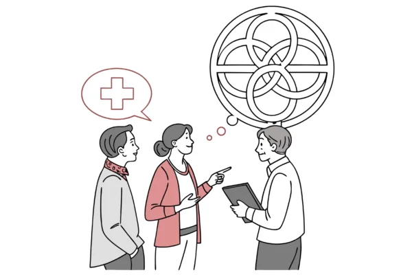 CPAs and healthcare executives discussing ENT medical practice mergers and acquisitions at SovDoc roundtable, analyzing complex M&A structures represented by abstract geometric symbols.