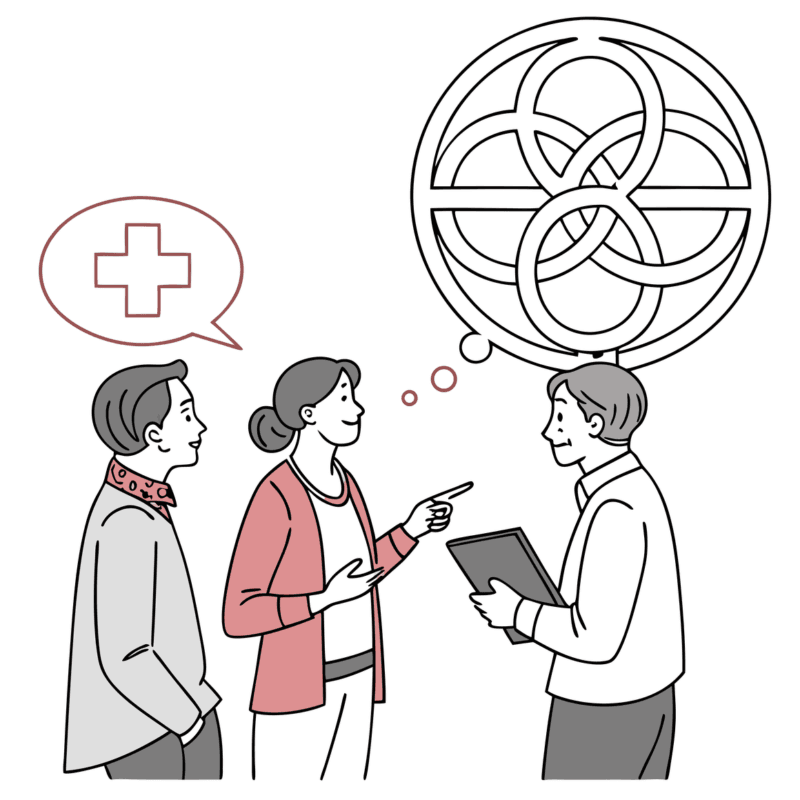 CPAs and healthcare executives discussing ENT medical practice mergers and acquisitions at SovDoc roundtable, analyzing complex M&A structures represented by abstract geometric symbols.