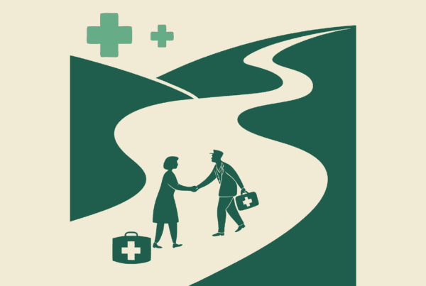 Stylized illustration showing business figures shaking hands across a flowing river with merging liver and digestive organs and financial symbols - representing SovDoc's specialized M&A advisory services for CPAs in gastroenterology and hepatology practice transactions.