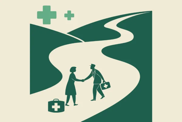 Stylized illustration showing business figures shaking hands across a flowing river with merging liver and digestive organs and financial symbols - representing SovDoc's specialized M&A advisory services for CPAs in gastroenterology and hepatology practice transactions.