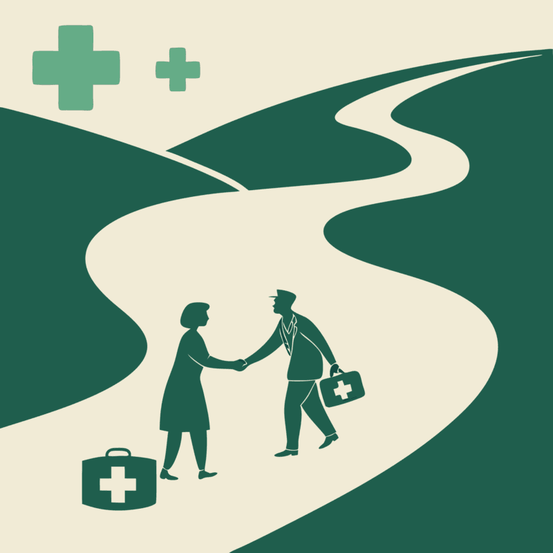 Stylized illustration showing business figures shaking hands across a flowing river with merging liver and digestive organs and financial symbols - representing SovDoc's specialized M&A advisory services for CPAs in gastroenterology and hepatology practice transactions.