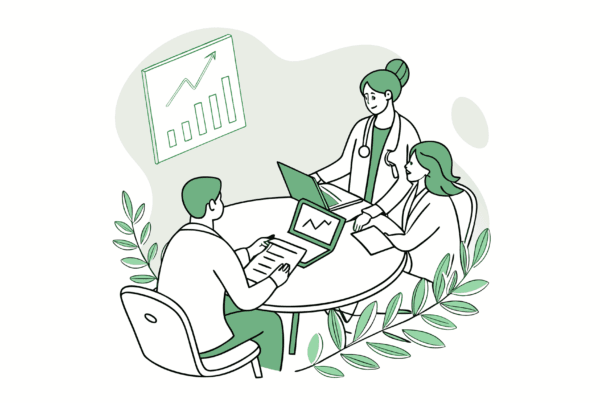 Stylized illustration of CPAs and pain practice owners collaborating on financial planning for healthcare M&A - SovDoc advisory services for interventional pain practice mergers and acquisitions