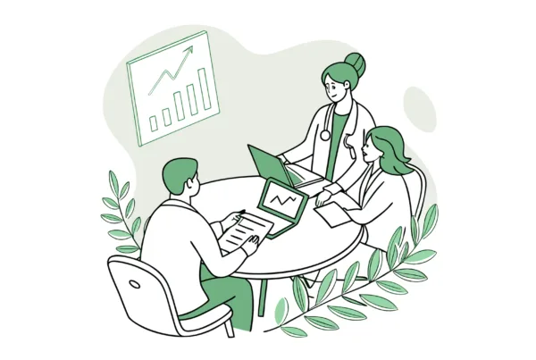 Stylized illustration of CPAs and pain practice owners collaborating on financial planning for healthcare M&A - SovDoc advisory services for interventional pain practice mergers and acquisitions