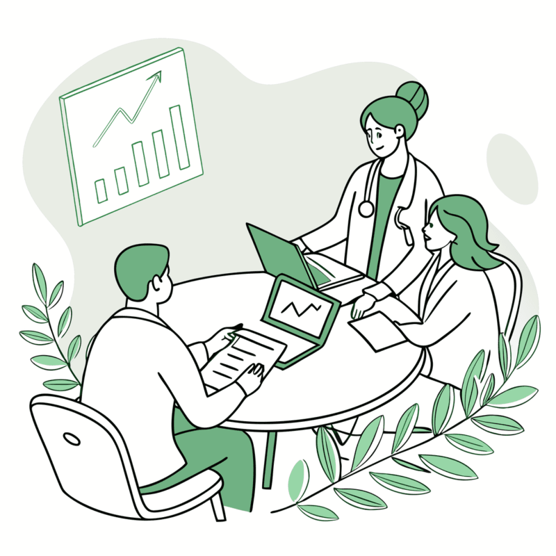 Stylized illustration of CPAs and pain practice owners collaborating on financial planning for healthcare M&A - SovDoc advisory services for interventional pain practice mergers and acquisitions