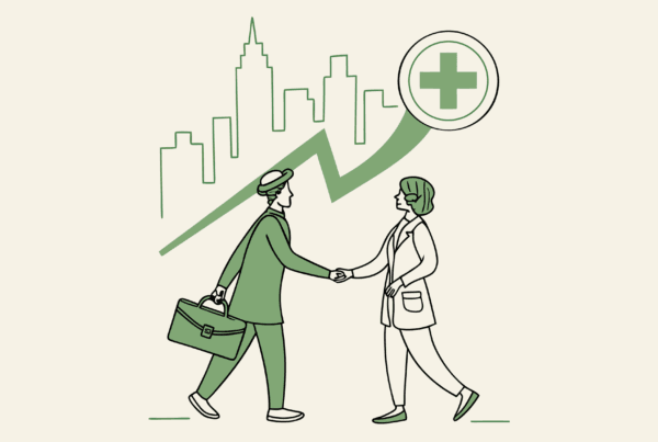 Two business professionals shaking hands beside an upward arrow, symbolizing growth in Med Spa practice mergers and acquisitions - SovDoc healthcare M&A advisory services for CPAs specializing in medical practice transactions.