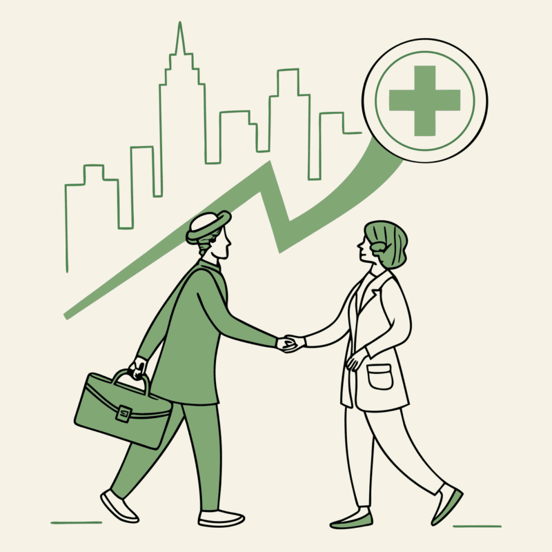 Two business professionals shaking hands beside an upward arrow, symbolizing growth in Med Spa practice mergers and acquisitions - SovDoc healthcare M&A advisory services for CPAs specializing in medical practice transactions.