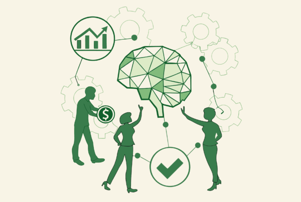 Abstract illustration of CPAs surrounding a glowing neurological brain with finance symbols and puzzle pieces representing healthcare mergers and acquisitions in neurological rehabilitation practices - SovDoc advisor roundup for medical practice M&A expertise