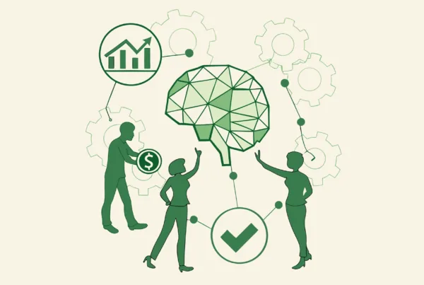 Abstract illustration of CPAs surrounding a glowing neurological brain with finance symbols and puzzle pieces representing healthcare mergers and acquisitions in neurological rehabilitation practices - SovDoc advisor roundup for medical practice M&A expertise