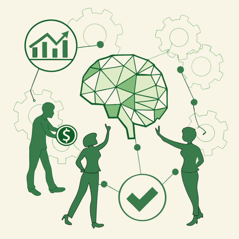 Abstract illustration of CPAs surrounding a glowing neurological brain with finance symbols and puzzle pieces representing healthcare mergers and acquisitions in neurological rehabilitation practices - SovDoc advisor roundup for medical practice M&A expertise