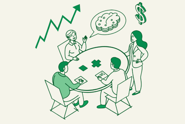 Abstract illustration of CPAs and neurology practice stakeholders discussing mergers and acquisitions around a conference table, with brain imagery and financial growth symbols - SovDoc healthcare M&A advisory for neurology practices