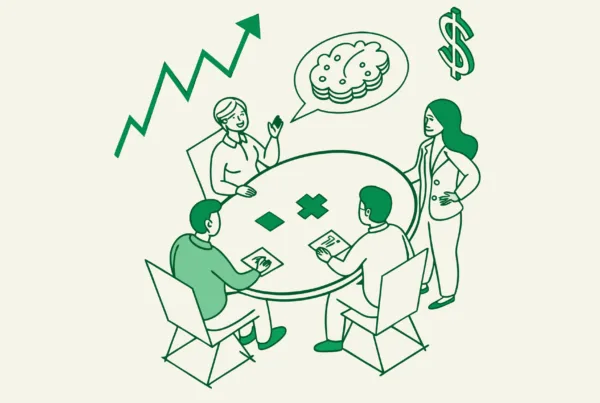 Abstract illustration of CPAs and neurology practice stakeholders discussing mergers and acquisitions around a conference table, with brain imagery and financial growth symbols - SovDoc healthcare M&A advisory for neurology practices