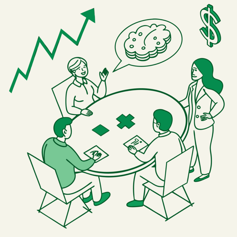 Abstract illustration of CPAs and neurology practice stakeholders discussing mergers and acquisitions around a conference table, with brain imagery and financial growth symbols - SovDoc healthcare M&A advisory for neurology practices