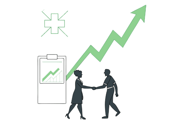 Minimalist illustration showing upward green growth trend with handshaking figures representing oncology practice mergers and acquisitions. SovDoc healthcare M&A advisors help CPAs navigate medical practice transactions with financial due diligence expertise.