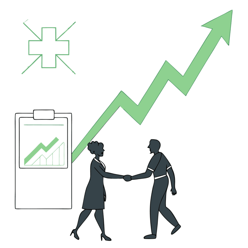 Minimalist illustration showing upward green growth trend with handshaking figures representing oncology practice mergers and acquisitions. SovDoc healthcare M&A advisors help CPAs navigate medical practice transactions with financial due diligence expertise.