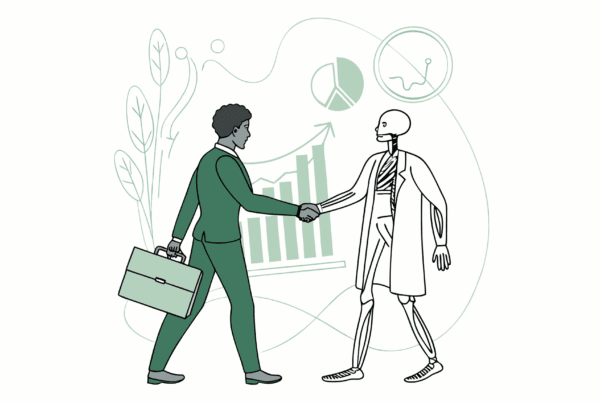 Business professional and medical practitioner shaking hands over orthopedic skeletal diagram, representing SovDoc's specialized M&A advisory services for CPAs in orthopedic and musculoskeletal practice mergers and acquisitions.