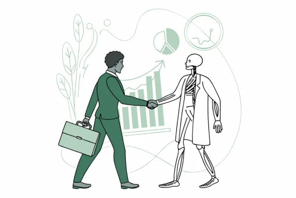 Business professional and medical practitioner shaking hands over orthopedic skeletal diagram, representing SovDoc's specialized M&A advisory services for CPAs in orthopedic and musculoskeletal practice mergers and acquisitions.