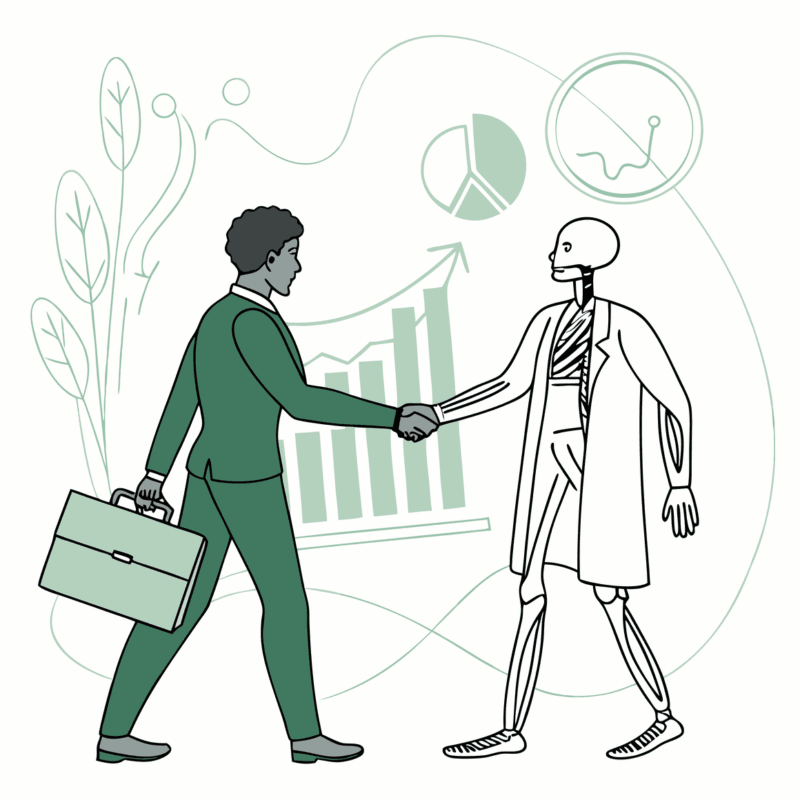 Business professional and medical practitioner shaking hands over orthopedic skeletal diagram, representing SovDoc's specialized M&A advisory services for CPAs in orthopedic and musculoskeletal practice mergers and acquisitions.