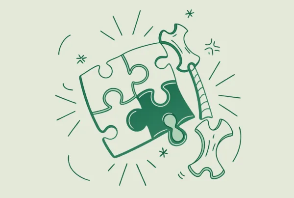 Abstract illustration representing orthopedic and post-surgical rehab practice M&A advisory services by SovDoc, showing interlocking puzzle pieces forming a medical and financial synergy with professional figures guiding healthcare transactions