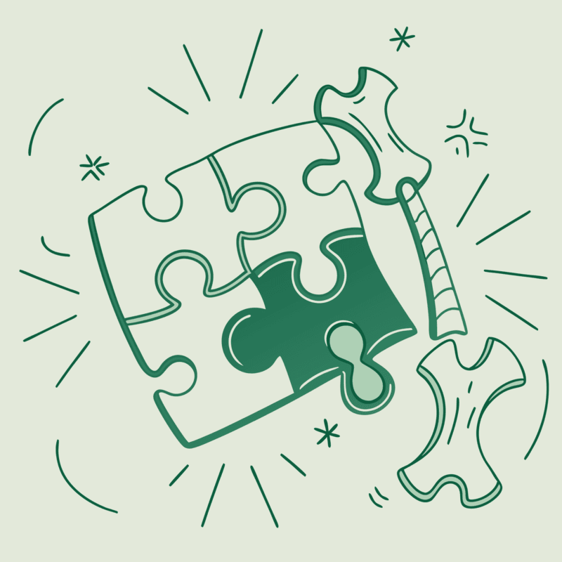 Abstract illustration representing orthopedic and post-surgical rehab practice M&A advisory services by SovDoc, showing interlocking puzzle pieces forming a medical and financial synergy with professional figures guiding healthcare transactions