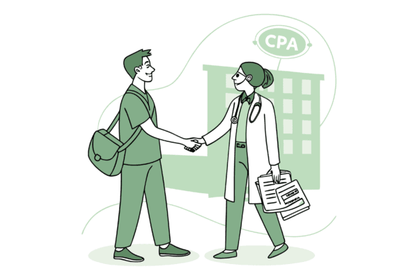 Illustration of primary care doctors in green scrubs shaking hands with a CPA in business attire, symbolizing medical practice mergers and acquisitions partnerships. SovDoc healthcare M&A advisory services for primary care physicians considering practice transitions and financial planning.