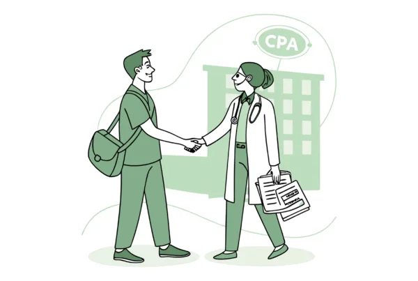 Illustration of primary care doctors in green scrubs shaking hands with a CPA in business attire, symbolizing medical practice mergers and acquisitions partnerships. SovDoc healthcare M&A advisory services for primary care physicians considering practice transitions and financial planning.
