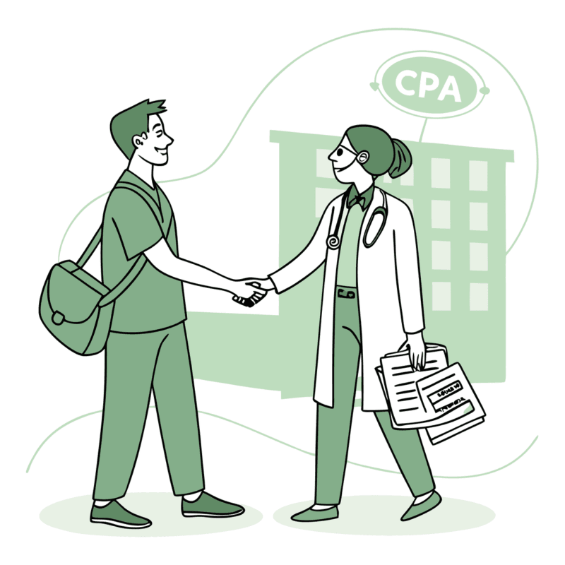 Illustration of primary care doctors in green scrubs shaking hands with a CPA in business attire, symbolizing medical practice mergers and acquisitions partnerships. SovDoc healthcare M&A advisory services for primary care physicians considering practice transitions and financial planning.