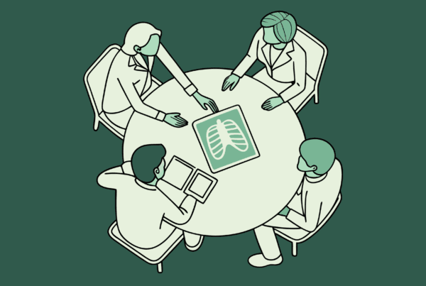 Vector illustration showing CPAs and advisors discussing radiology practice mergers and acquisitions around a table with medical imaging and handshake symbols, representing SovDoc's healthcare M&A advisory services for radiology practices.
