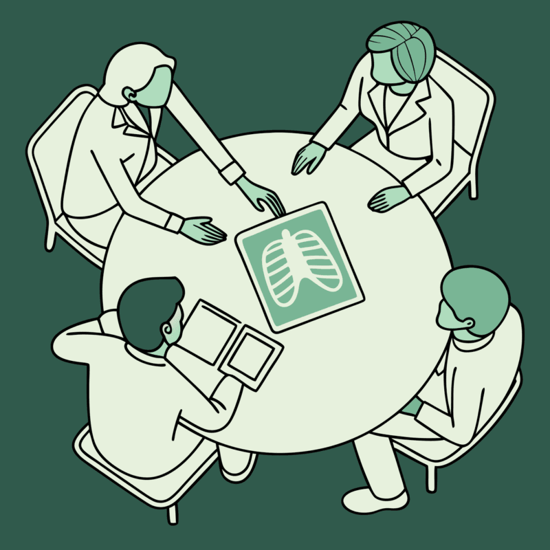 Vector illustration showing CPAs and advisors discussing radiology practice mergers and acquisitions around a table with medical imaging and handshake symbols, representing SovDoc's healthcare M&A advisory services for radiology practices.