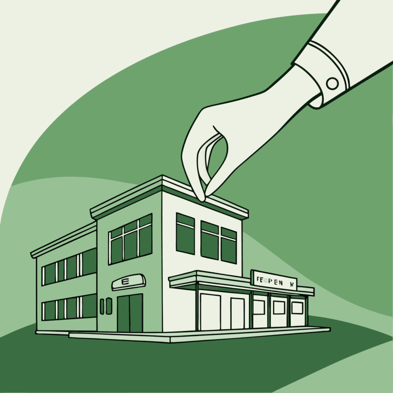 SovDoc M&A advisor illustration showing hand holding sports medicine therapy clinic model, symbolizing medical practice mergers and acquisitions in the healthcare performance sector