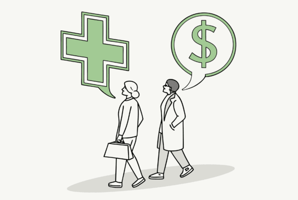 Illustration of urgent care practice merger showing medical symbols merging with a dollar sign, overseen by abstract figures - SovDoc healthcare M&A advisory for CPAs in medical practice transactions