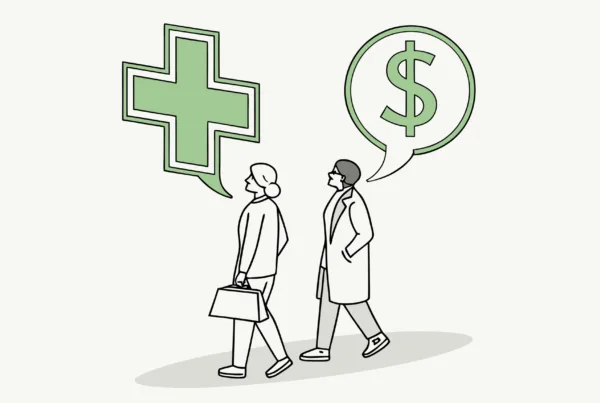 Illustration of urgent care practice merger showing medical symbols merging with a dollar sign, overseen by abstract figures - SovDoc healthcare M&A advisory for CPAs in medical practice transactions