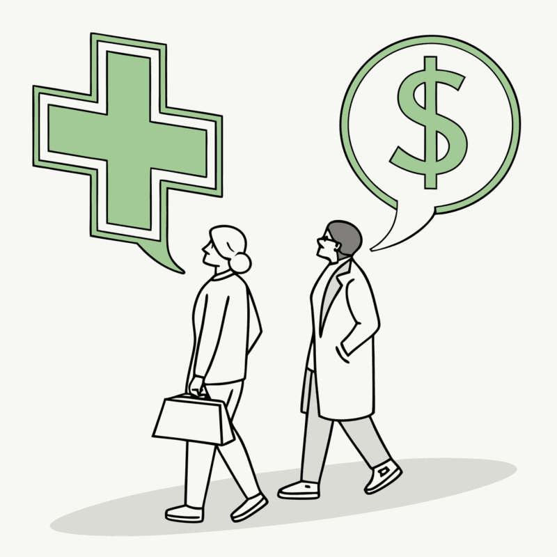 Illustration of urgent care practice merger showing medical symbols merging with a dollar sign, overseen by abstract figures - SovDoc healthcare M&A advisory for CPAs in medical practice transactions
