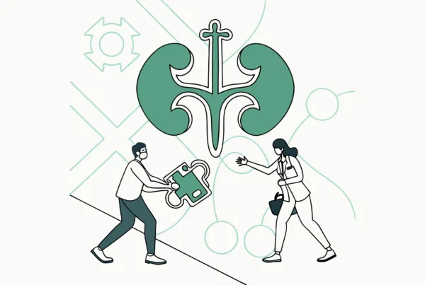 Abstract illustration representing urology practice mergers and acquisitions, featuring interlocking symbols suggesting integration and strategic growth - SovDoc healthcare M&A advisory services for urology practices