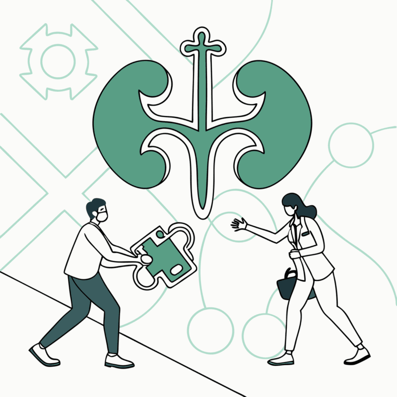 Abstract illustration representing urology practice mergers and acquisitions, featuring interlocking symbols suggesting integration and strategic growth - SovDoc healthcare M&A advisory services for urology practices
