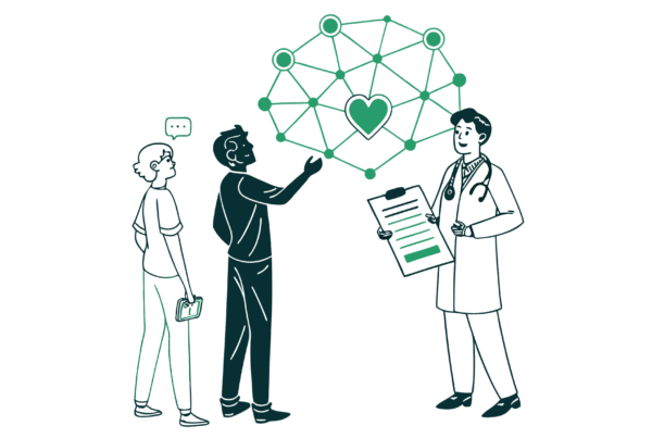 Stylized illustration showing financial advisors and physicians collaborating around a network visualization that forms a heart shape, representing SovDoc's expertise in cardiology practice mergers and acquisitions for medical professionals seeking financial guidance.