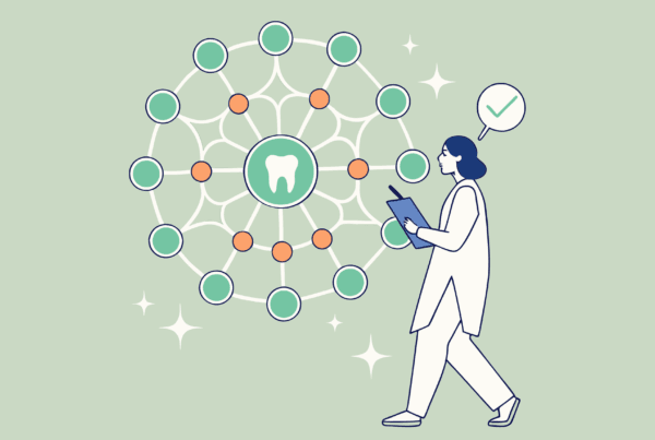 SovDoc illustration of dental practice mergers and acquisitions network showing a central glowing molar connected to smaller practices, with financial advisor figure analyzing growth trends - representing healthcare M&A advisory services for dental professionals.