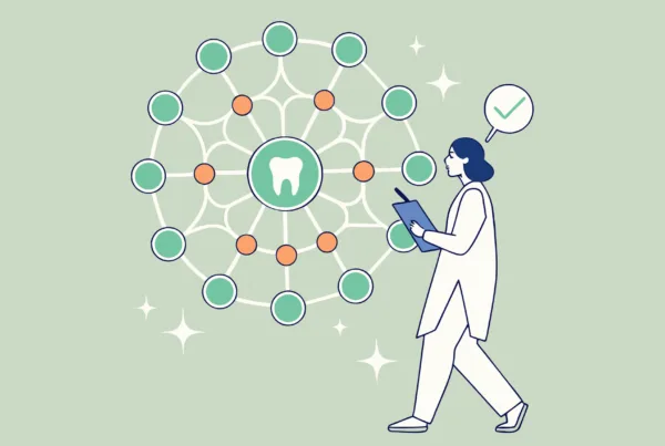 SovDoc illustration of dental practice mergers and acquisitions network showing a central glowing molar connected to smaller practices, with financial advisor figure analyzing growth trends - representing healthcare M&A advisory services for dental professionals.