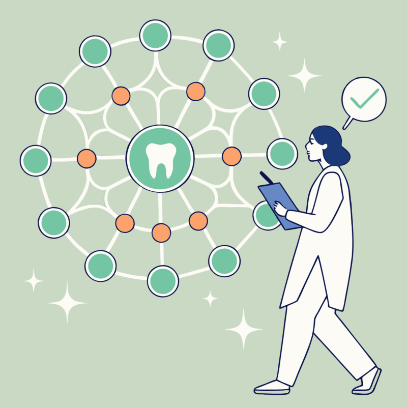 SovDoc illustration of dental practice mergers and acquisitions network showing a central glowing molar connected to smaller practices, with financial advisor figure analyzing growth trends - representing healthcare M&A advisory services for dental professionals.