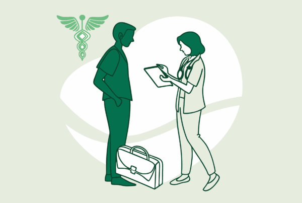 Stylized illustration of two figures exchanging a portfolio, symbolizing medical practice mergers and acquisitions in dermatology. SovDoc healthcare M&A advisors facilitate strategic transactions for dermatology practices.