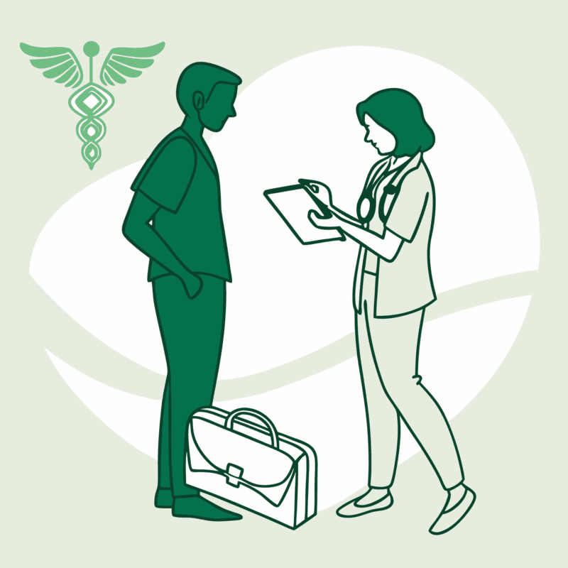 Stylized illustration of two figures exchanging a portfolio, symbolizing medical practice mergers and acquisitions in dermatology. SovDoc healthcare M&A advisors facilitate strategic transactions for dermatology practices.