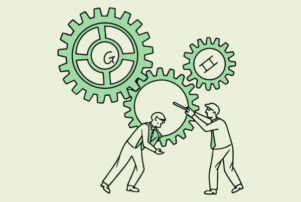 SovDoc's advisor roundup illustration showing interlocking green gears symbolizing GI and Hepatology practice integration, with experts analyzing the medical merger process - representing specialized healthcare M&A advisory services for gastroenterology and hepatology practices.