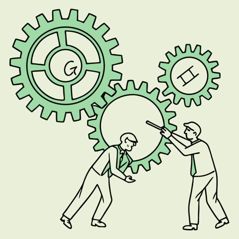 SovDoc's advisor roundup illustration showing interlocking green gears symbolizing GI and Hepatology practice integration, with experts analyzing the medical merger process - representing specialized healthcare M&A advisory services for gastroenterology and hepatology practices.