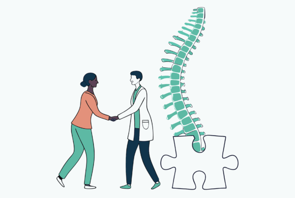 Two professionals shaking hands over a stylized green spine with integrated puzzle piece, symbolizing SovDev's expertise in interventional pain practice mergers and acquisitions for financial planners in healthcare.