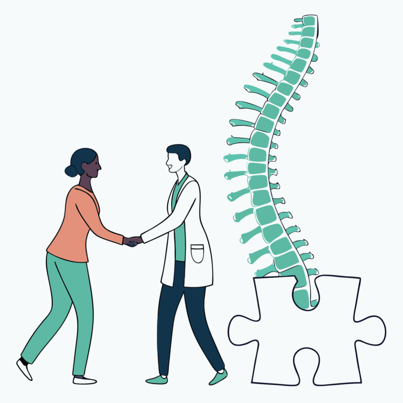 Two professionals shaking hands over a stylized green spine with integrated puzzle piece, symbolizing SovDev's expertise in interventional pain practice mergers and acquisitions for financial planners in healthcare.