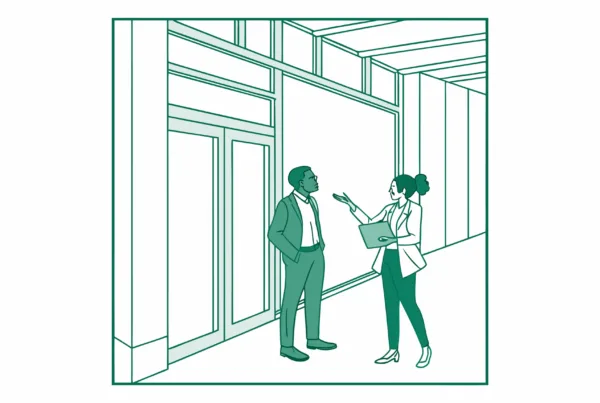 Minimalist illustration of financial advisors meeting with med spa owners, representing SovDoc's healthcare M&A services for medical practice mergers and acquisitions in the med spa industry.