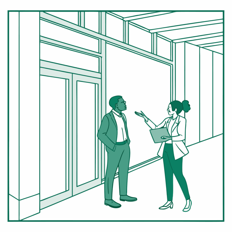 Minimalist illustration of financial advisors meeting with med spa owners, representing SovDoc's healthcare M&A services for medical practice mergers and acquisitions in the med spa industry.