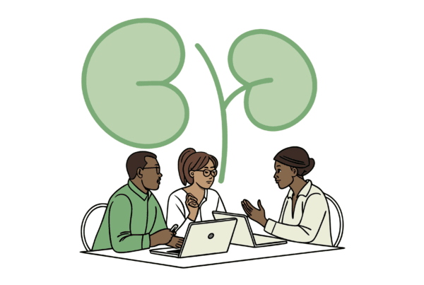 Financial advisors discussing nephrology practice mergers and acquisitions at a business meeting. SovDoc healthcare M&A professionals collaborate on medical practice transition strategies for kidney specialists, represented by the subtle green kidney outline in the background.