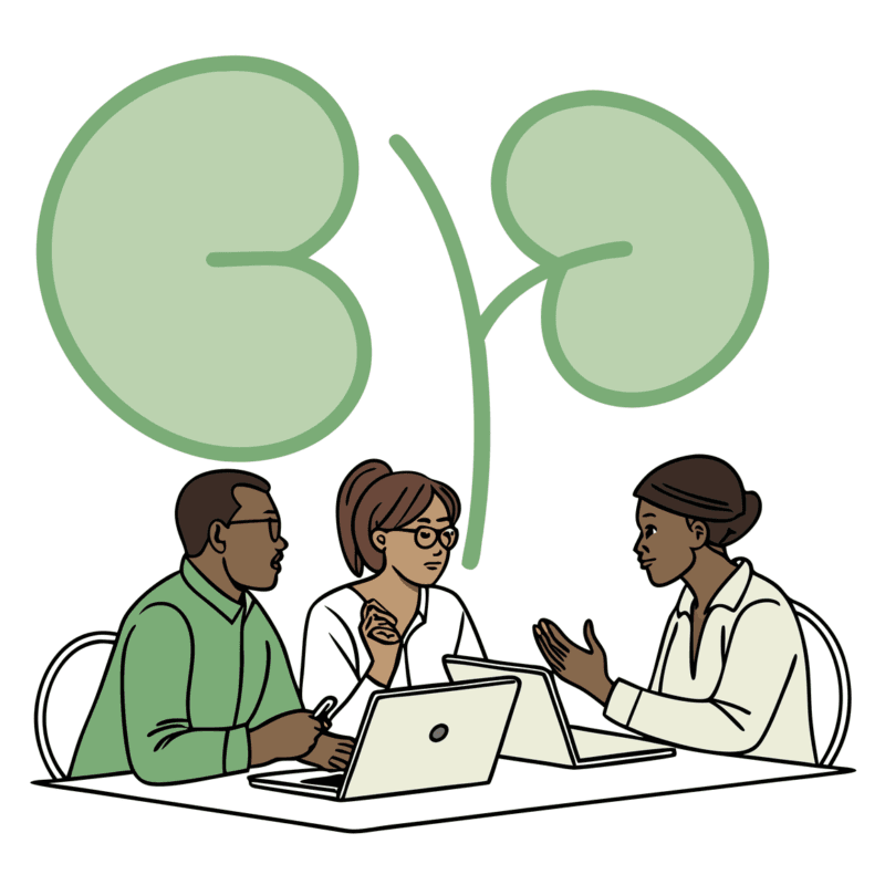 Financial advisors discussing nephrology practice mergers and acquisitions at a business meeting. SovDoc healthcare M&A professionals collaborate on medical practice transition strategies for kidney specialists, represented by the subtle green kidney outline in the background.
