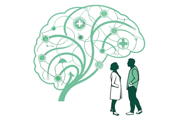 Abstract illustration showing two figures contemplating a green neurological network with interconnected medical practices, representing SovDoc's expertise in neurological rehabilitation practice mergers and acquisitions for financial planners in healthcare M&A.